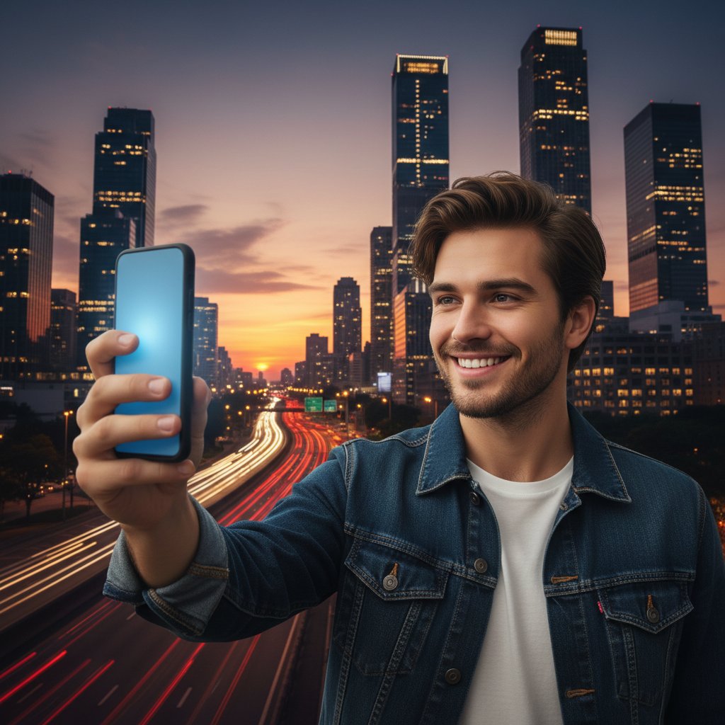 Młody mężczyzna uśmiecha się do telefonu, relaksuje się po pracy, klimat wieczorny, miasto w tle