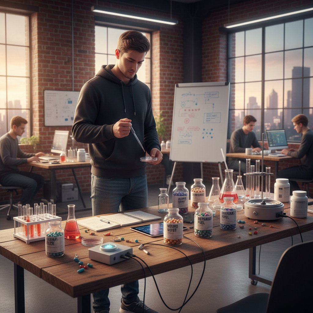 Młody człowiek w stylu "startupowym" analizuje suplementy i leki na biurku, atmosfera eksperymentu i poszukiwania granic