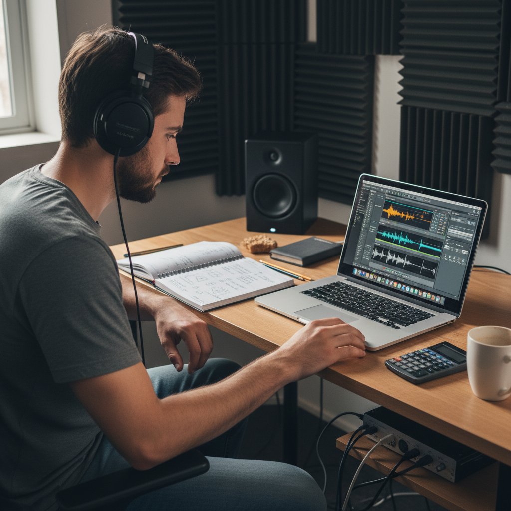 Młody człowiek powtarzający materiał z akustyki, otwarty laptop, notatki, słuchawki