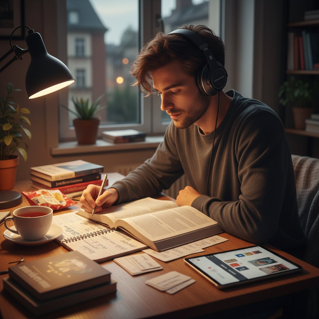 Paweł uczący się niemieckiego online na słuchawkach, notatki, wieczorne światło