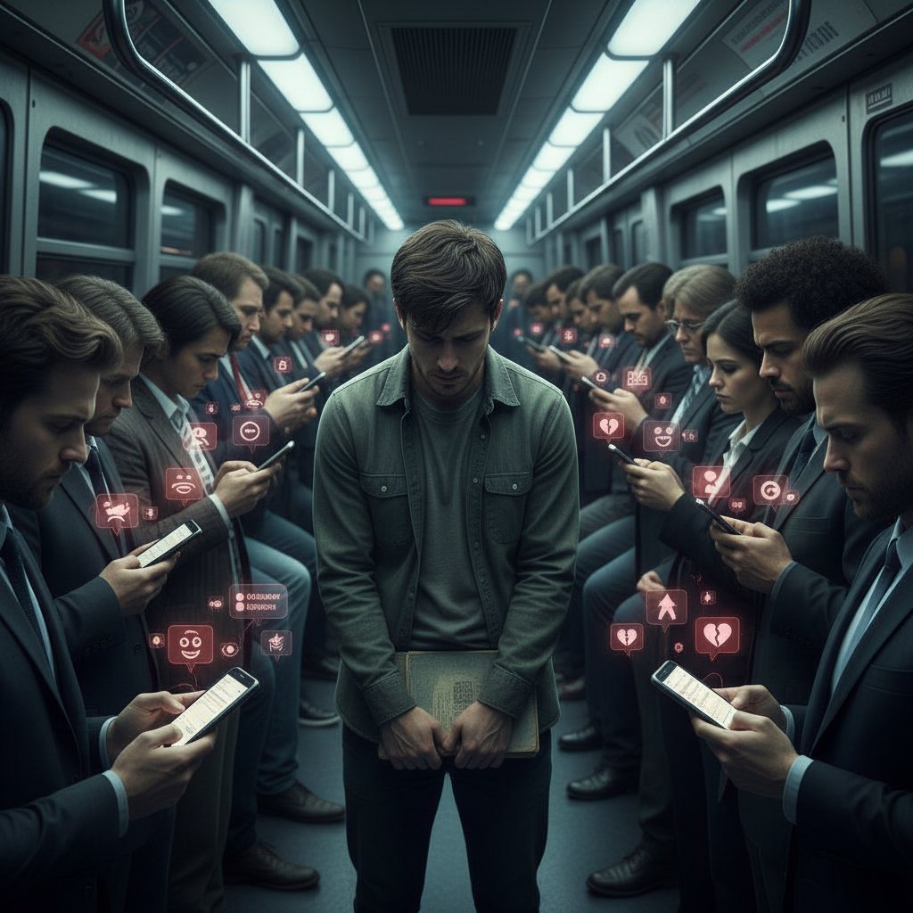 Junger Mann steht in der U-Bahn, umgeben von Menschen mit Smartphones, fühlt sich dennoch isoliert – Thema gesellschaftliche Vorurteile digitale Beziehung