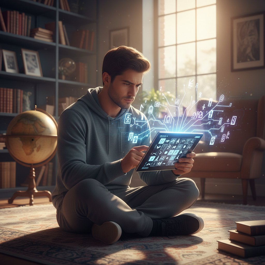 Historyczne techniki pamięci i nowoczesne aplikacje na zdjęciu – młody człowiek z tabletem, a w tle starożytne symbole