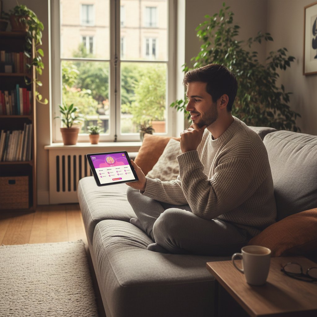 Młody człowiek w okularach wypełnia test osobowości online na tablecie