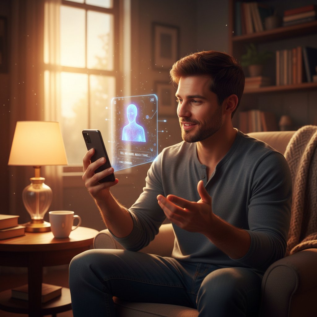 Młody mężczyzna rozmawia z AI przez smartfona, ciepłe światło, atmosfera domowa