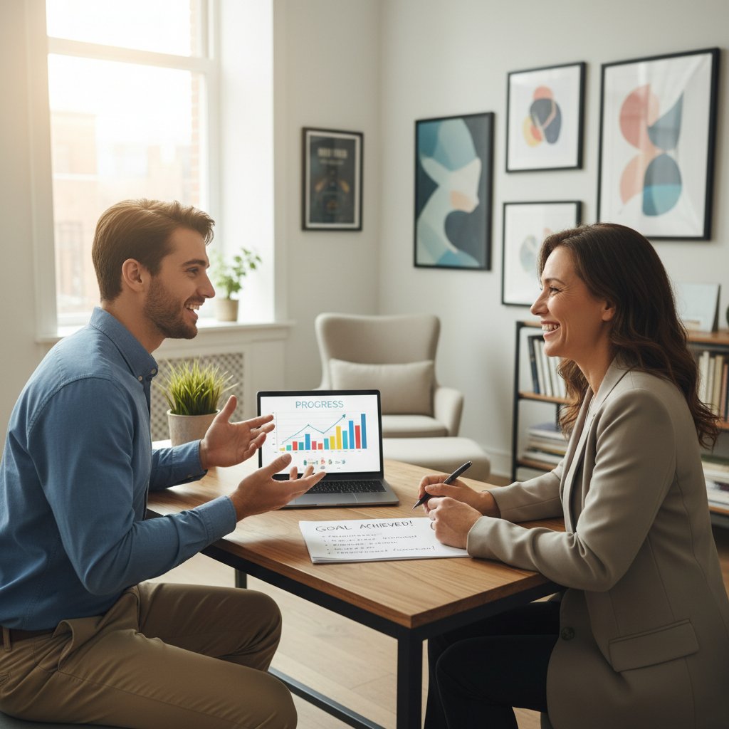 Młody mężczyzna rozmawia z terapeutą przy biurku – szybka terapia CBT