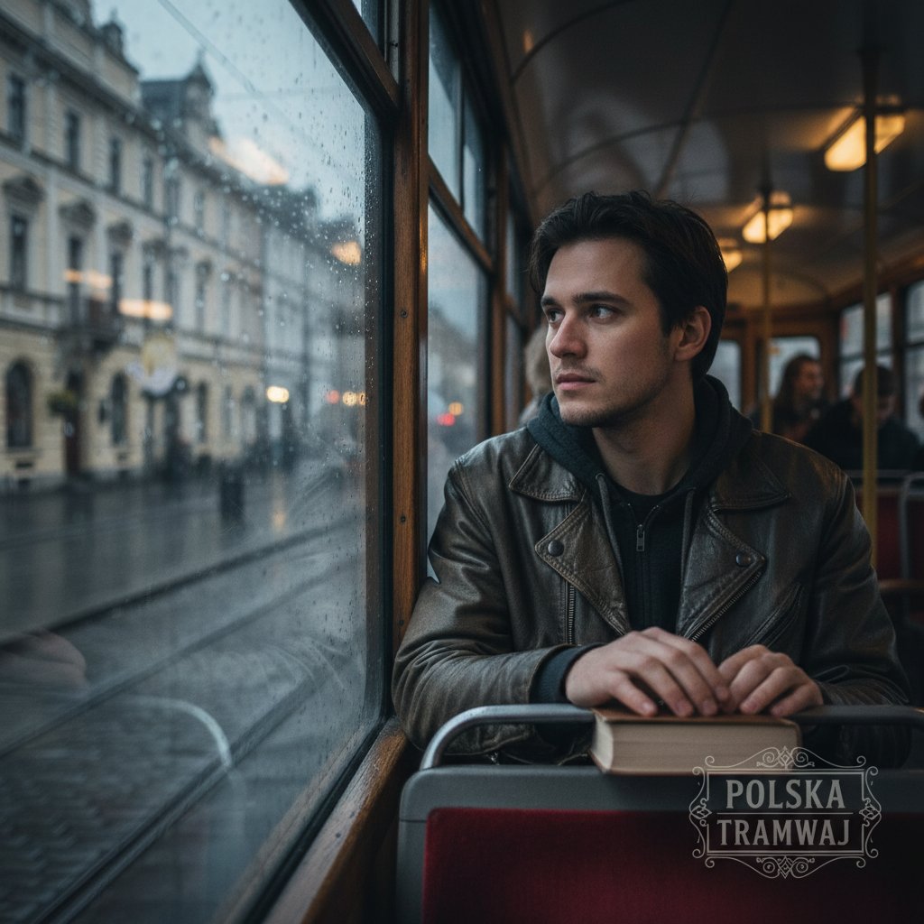 Mężczyzna patrzący przez okno tramwaju w deszczowy dzień – psychologia ruchu w Polsce