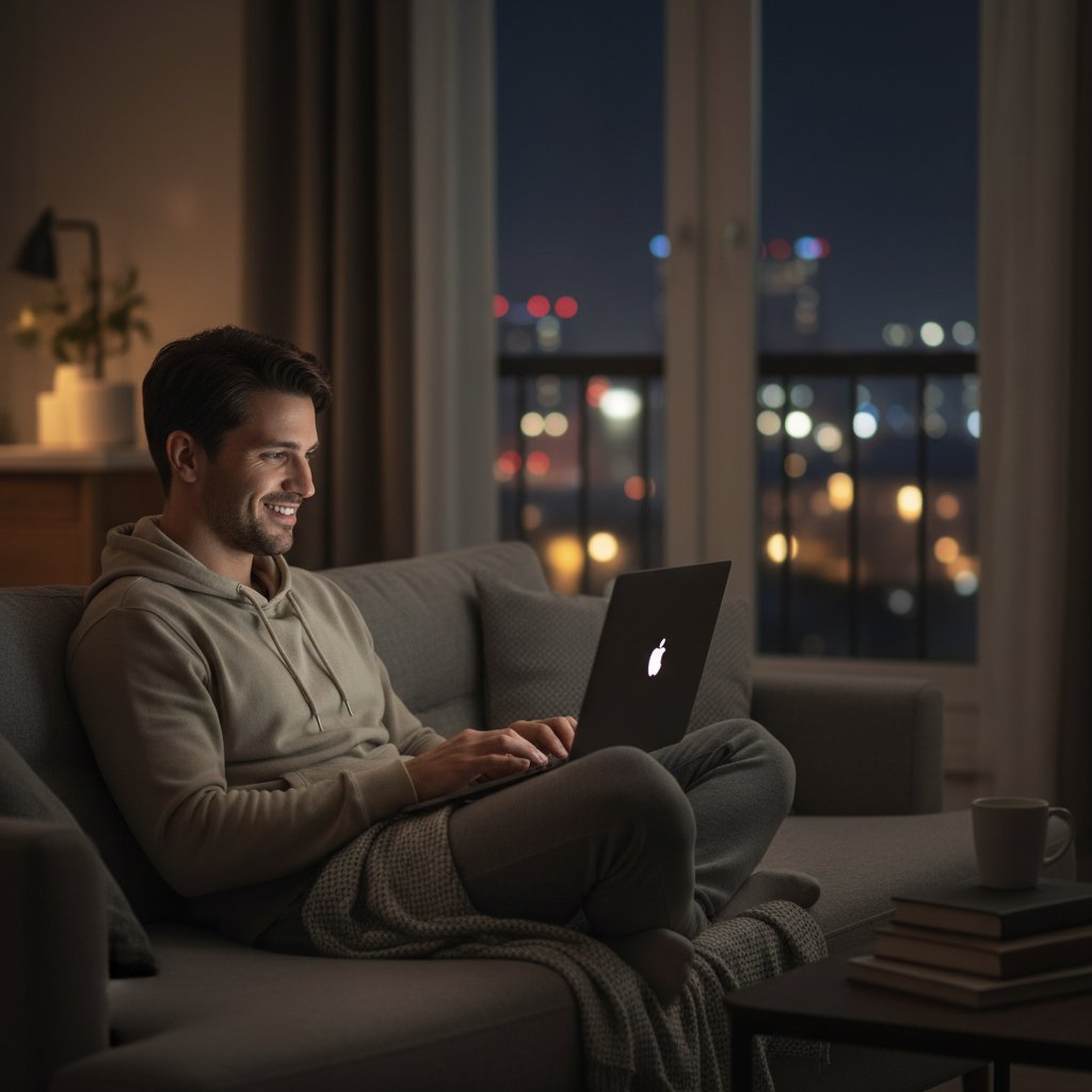 Młody człowiek piszący pierwszą wiadomość na laptopie, lekko uśmiechnięty, nocna atmosfera