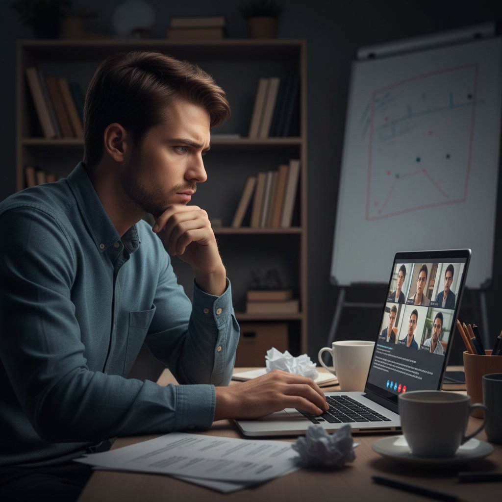 Młody człowiek z niepewną miną, patrzący w ekran laptopa, rozmowa online z kumplem