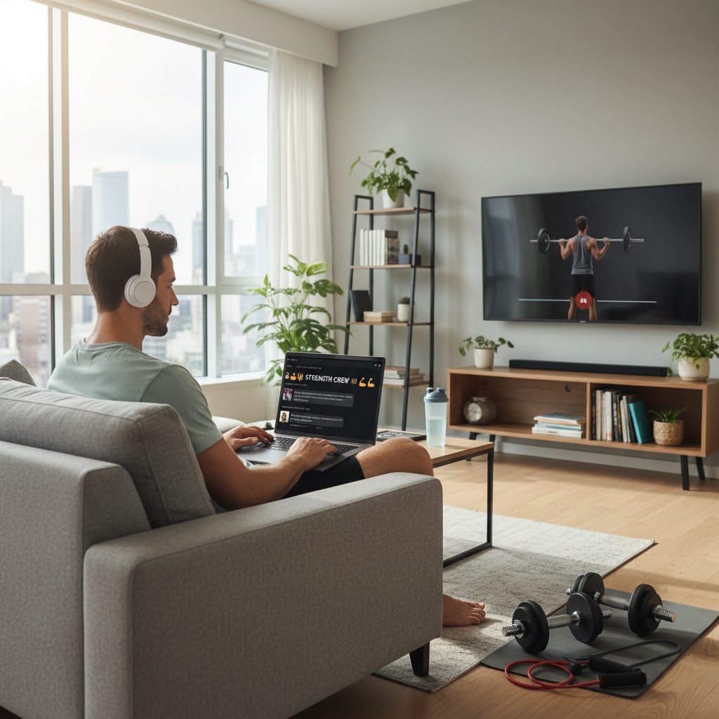 Młody mężczyzna korzystający z Discorda podczas treningu siłowego w salonie