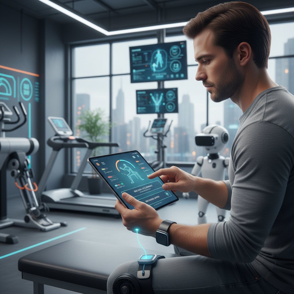 Młody mężczyzna korzystający z aplikacji mobilnej do monitorowania postępów treningu rehabilitacyjnego – nowoczesna technologia vs. tradycyjne podejście