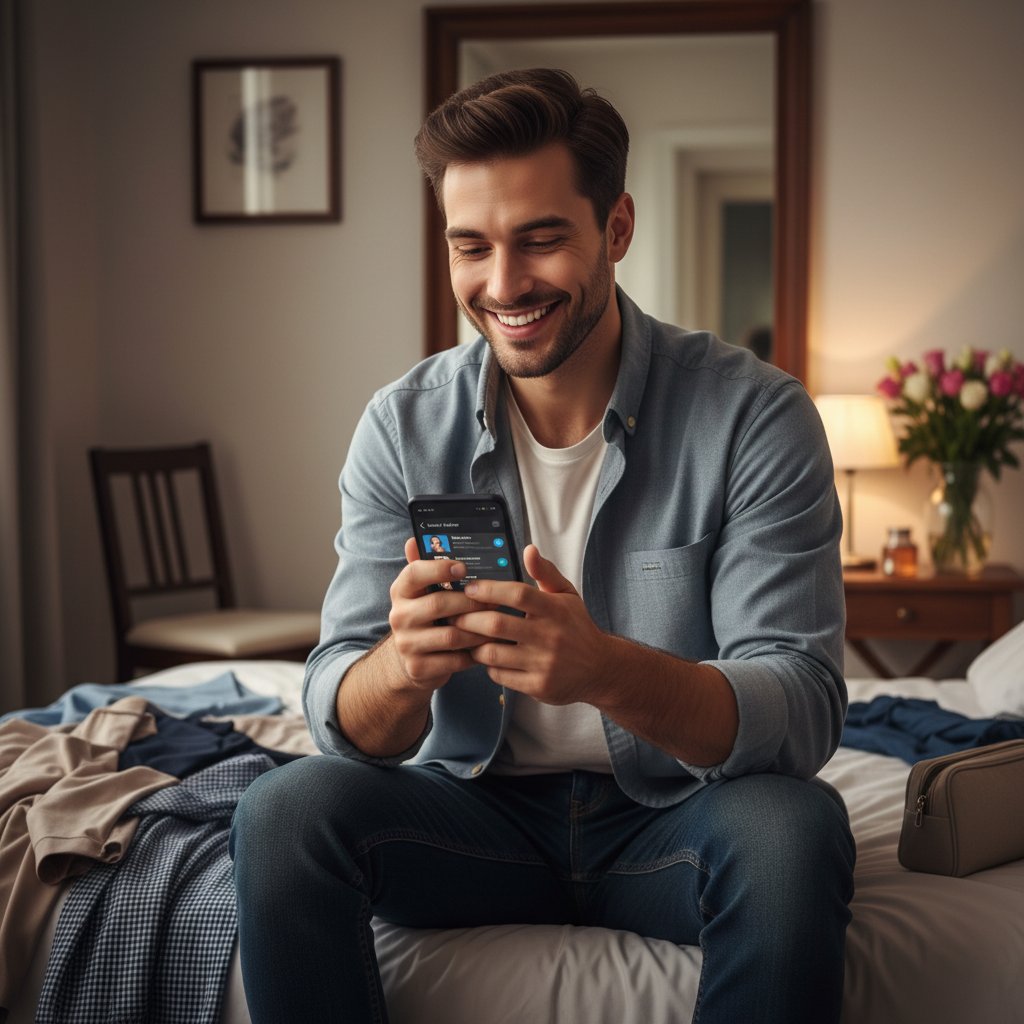 Młody mężczyzna korzysta z aplikacji randkowej na smartfonie, uśmiechnięty, przygotowuje się do randki