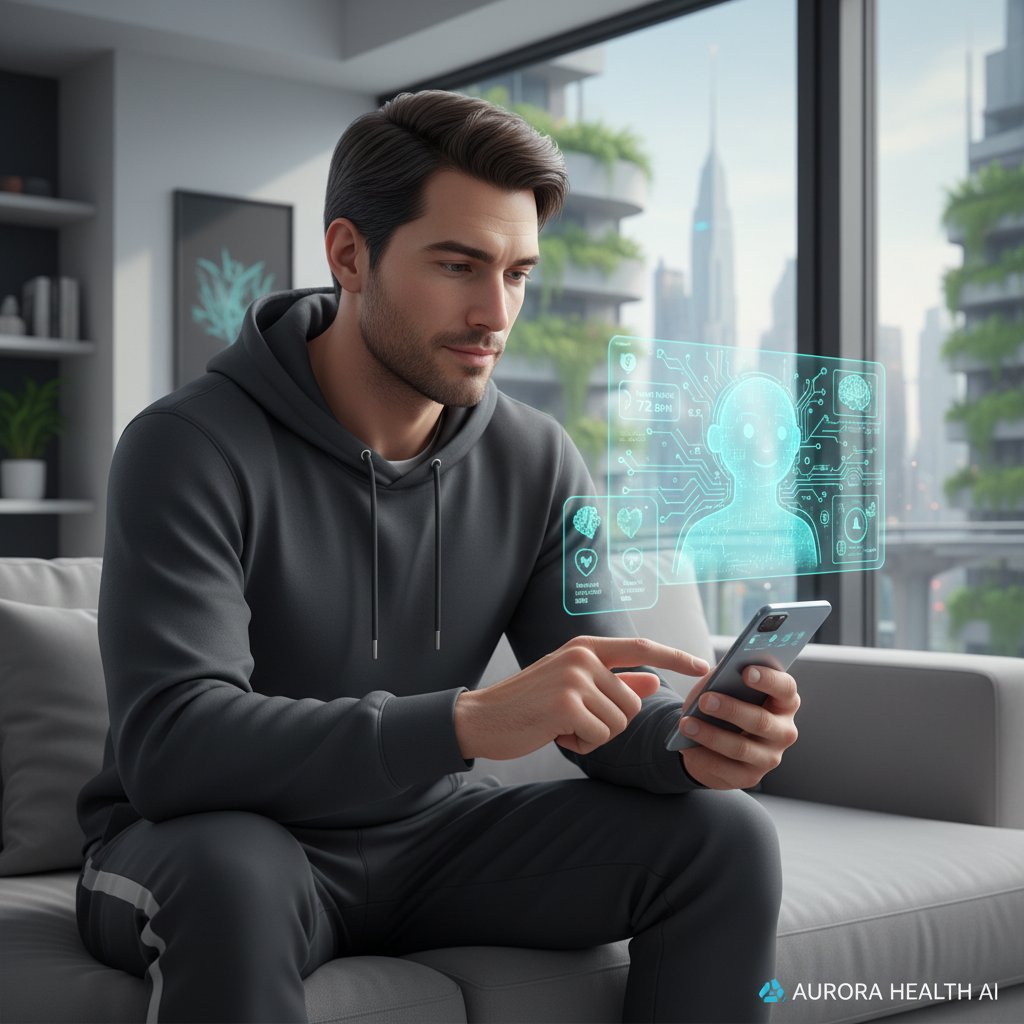 Młody mężczyzna korzystający z asystenta zdrowotnego AI na smartfonie