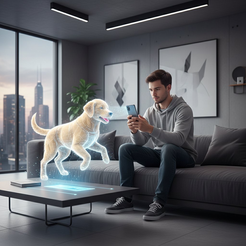 Wyrazista scena: młody człowiek rozmawia z wirtualnym psem na ekranie smartfona, wokół nowoczesne wnętrze – obraz symulacji AI
