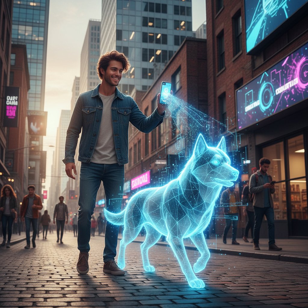 Młody mężczyzna z wirtualnym pieskiem na smartfonie