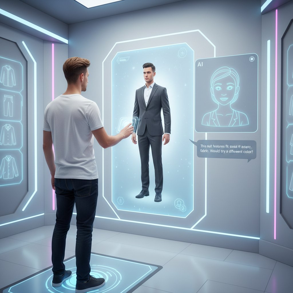 Młody mężczyzna korzystający z wirtualnej przymierzalni podczas rozmowy z chatbotem AI