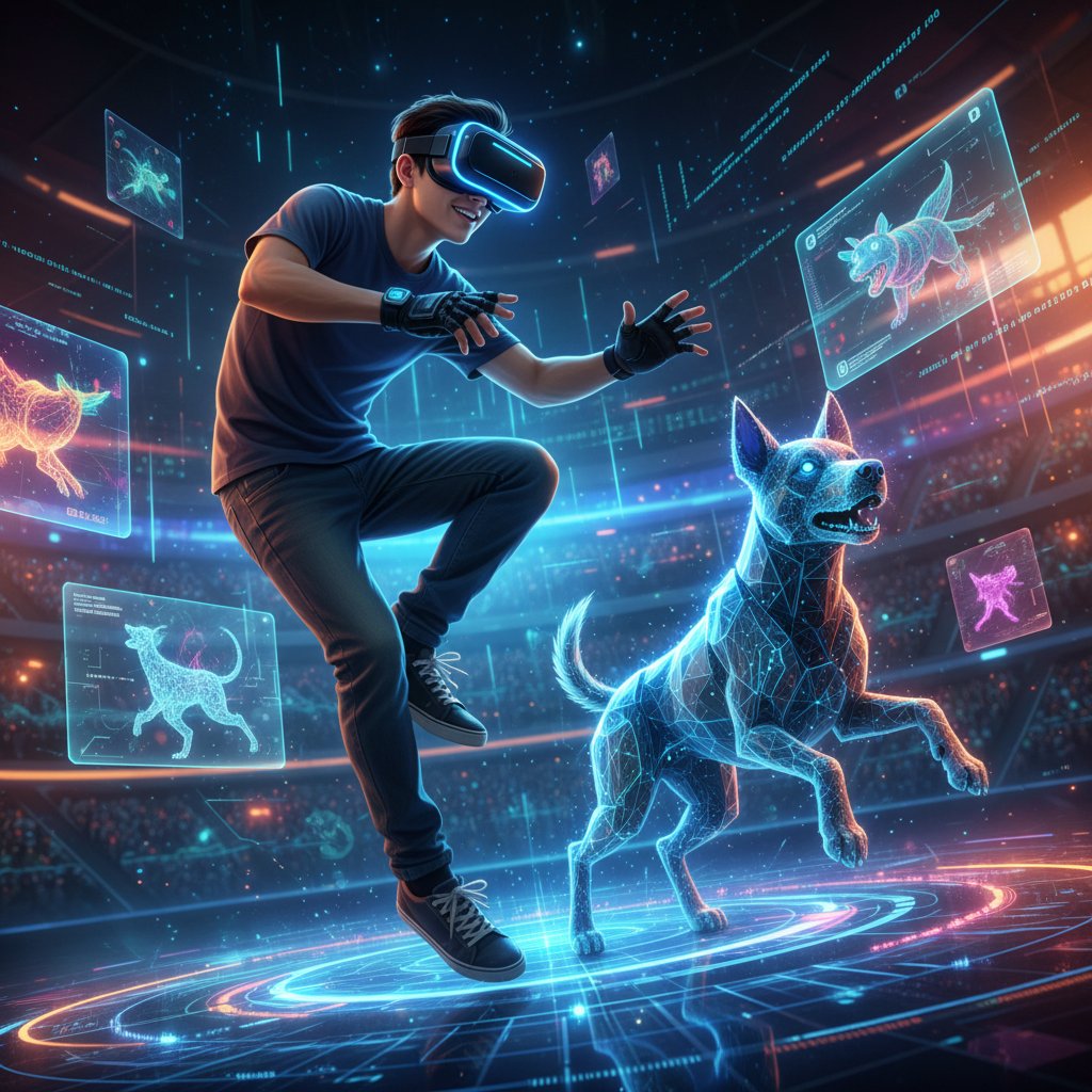 Młody chłopak z goglami VR, w tle wirtualny pies, dynamiczna scena cyfrowej rozrywki