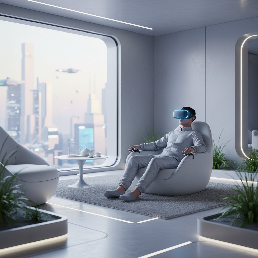 Młody mężczyzna z opaską VR w minimalistycznym salonie, zanurzony w wirtualnym świecie relaksacji – przyszłość relaksu.