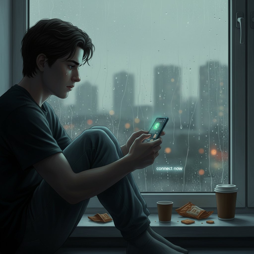 Młody mężczyzna patrzący przez okno z telefonem w ręku, symbol cyfrowej izolacji i potrzeby kontaktu