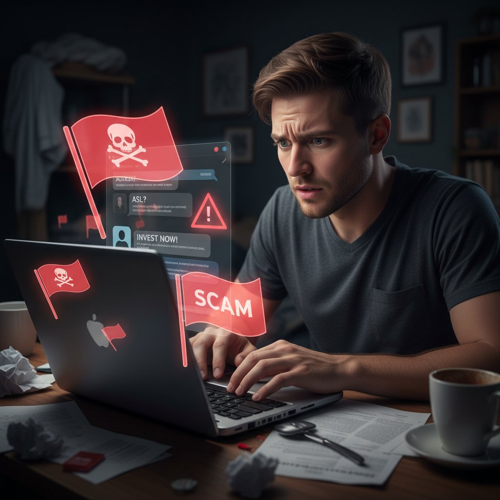 Młody mężczyzna patrzy z niepokojem na ekran laptopa, ostrzegawcze czerwone flagi na ekranie