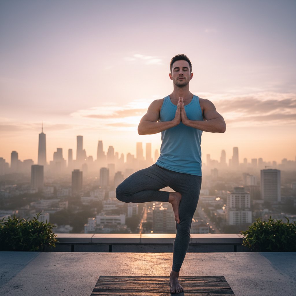 Młody mężczyzna uprawia jogę na tle miejskiego krajobrazu, wschód słońca, spokój i koncentracja na twarzy