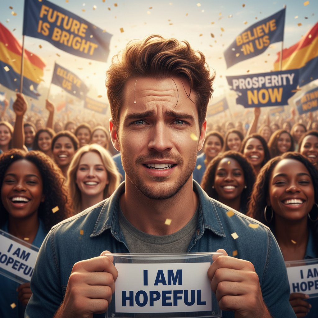 Młody mężczyzna z wymuszonym uśmiechem w tłumie – presja bycia optymistą, samotność