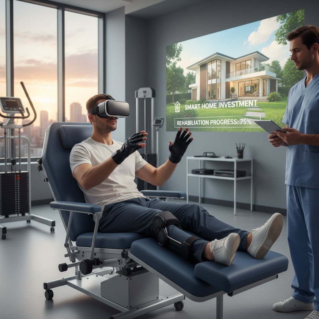 Młody mężczyzna inwestujący w domowy zestaw VR do rehabilitacji po urazie