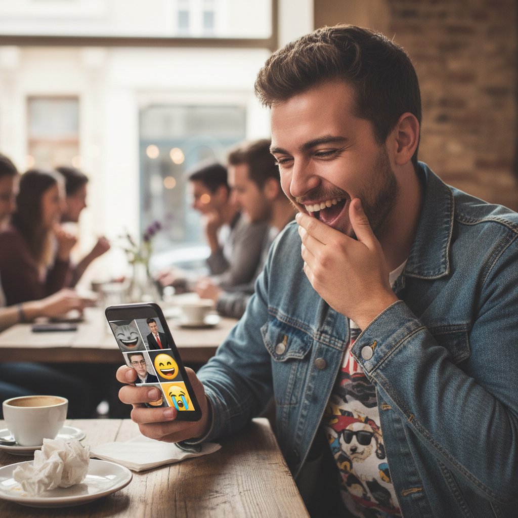 Młody chłopak uśmiechnięty, oglądający memy na smartfonie w kawiarni