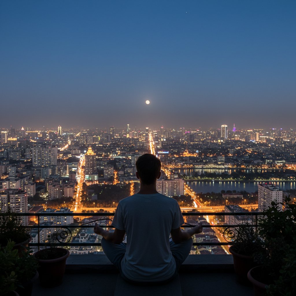 Młody człowiek medytujący na dachu wieżowca, widok na miasto nocą, światła i cisza