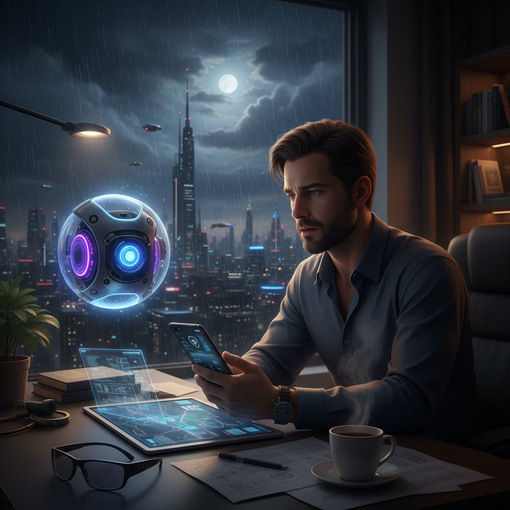 Symbolfoto: Junger Mann vertraut sich nachts einer KI-Begleiterin am Handy an, Licht von Stadtfenster, Szene wirkt vertraulich