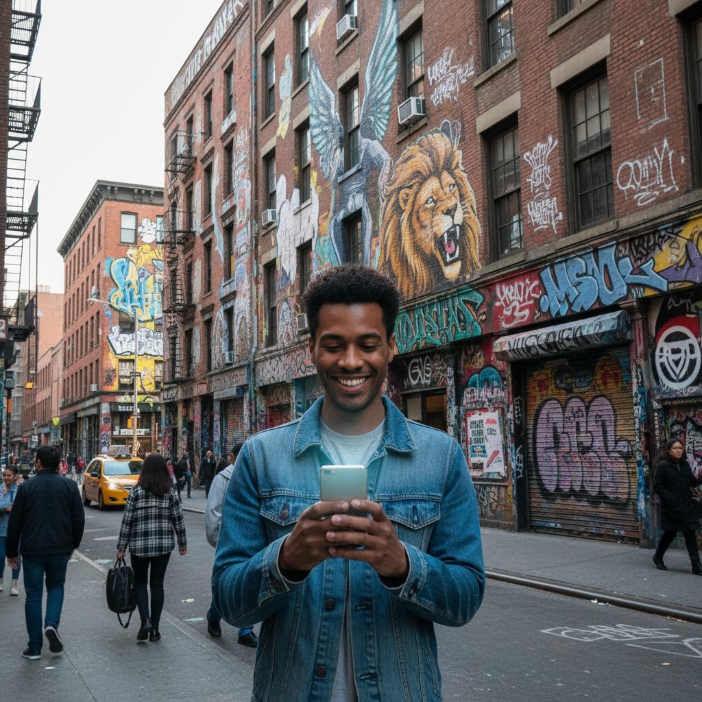 Młody chłopak uśmiechnięty do smartfona, graffiti „street talk” w tle