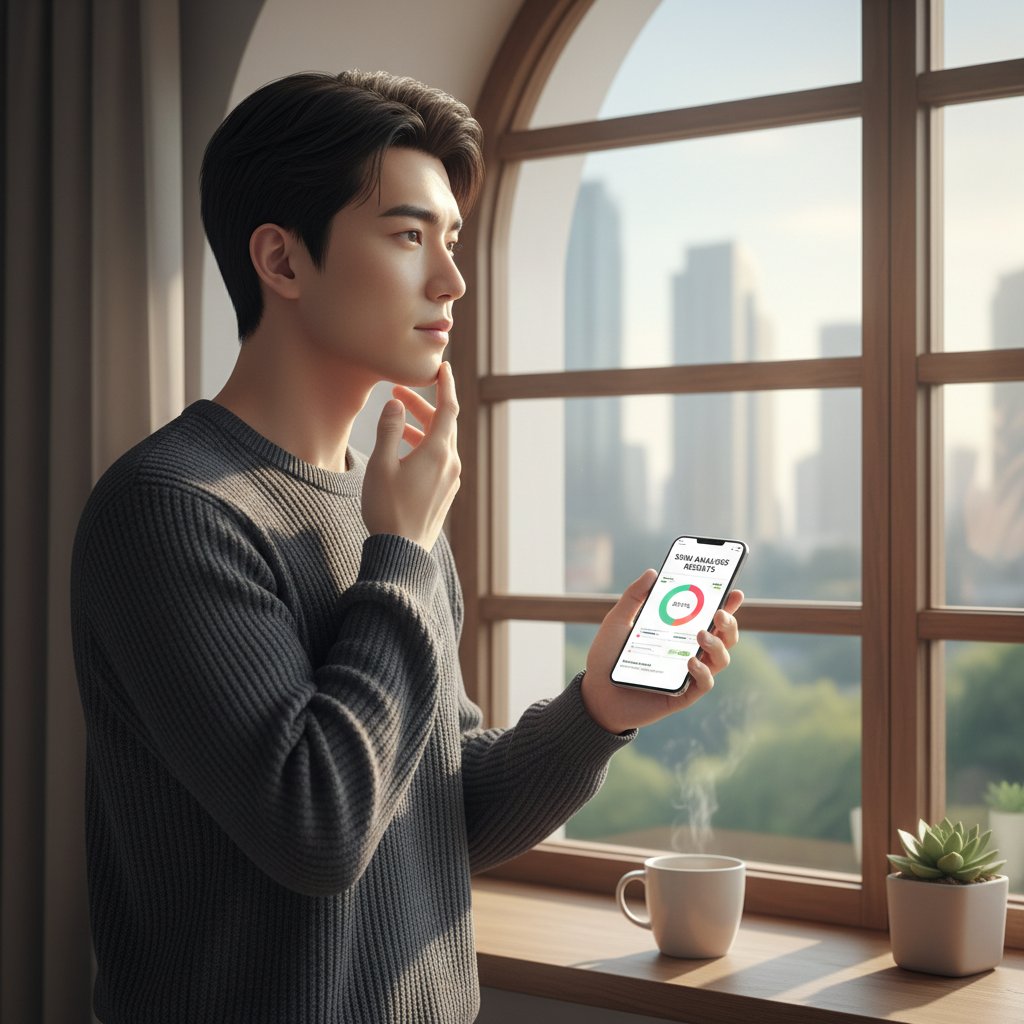 Młody mężczyzna z telefonem przy oknie, sprawdza wynik analizy skóry po powrocie z siłowni