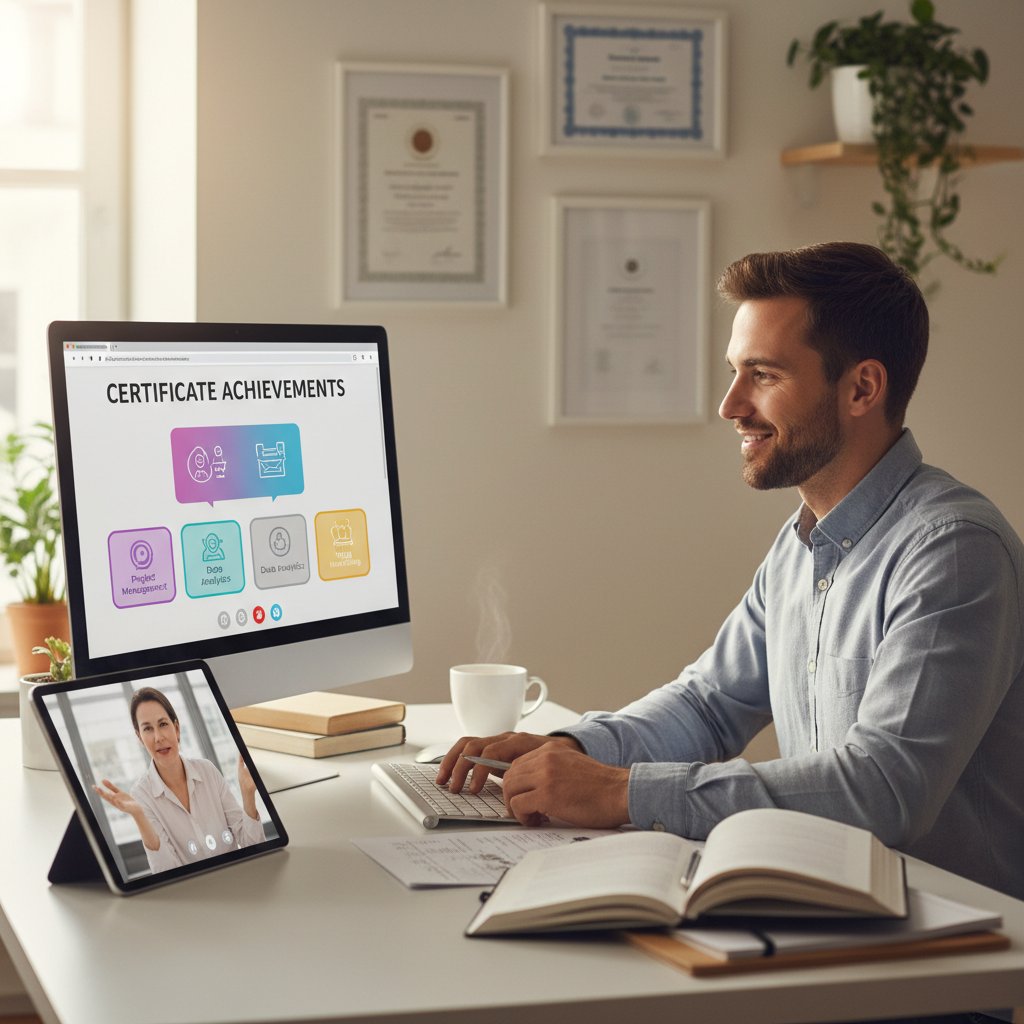 Młody menedżer korzystający z certyfikatów zdobytych w szkoleniach biznesowych online, rozwój kariery, rynek pracy