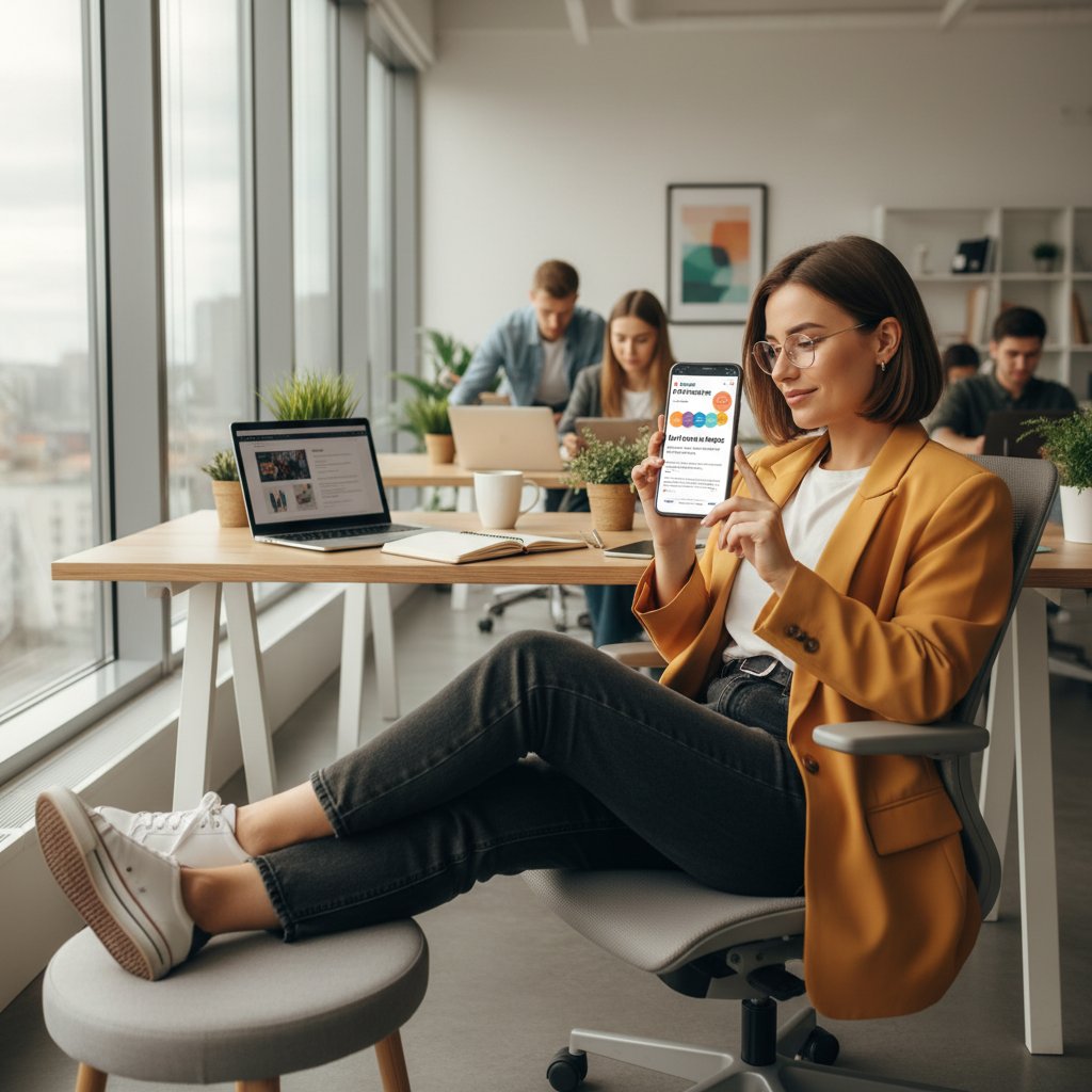 Młody marketer czytający zoptymalizowany tekst na telefonie, jasne biuro, nowoczesny design