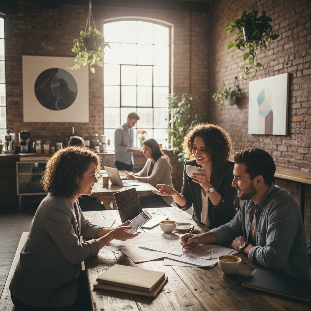 Ilustracja: młodzi marketerzy dyskutujący o unikalnych pomysłach w kawiarni coworkingowej