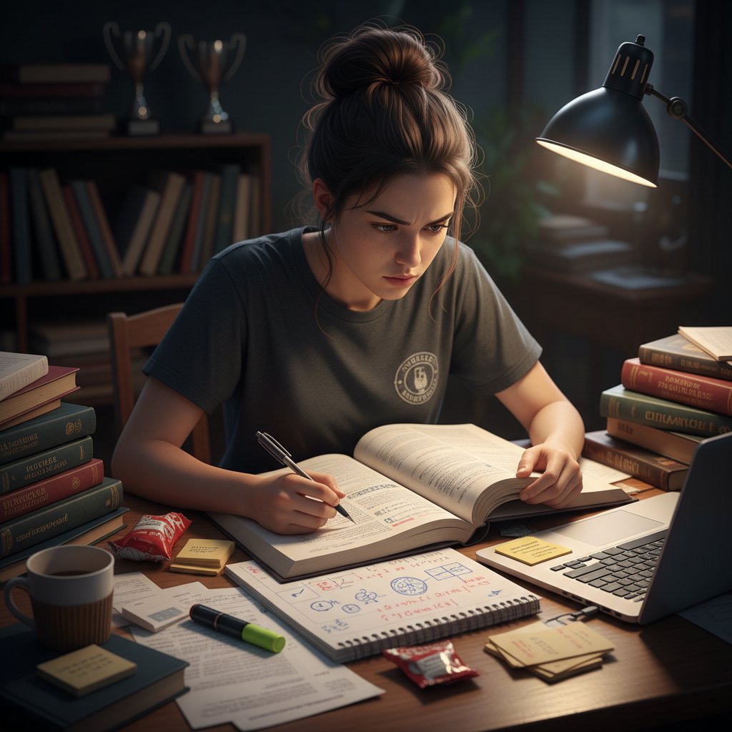 Młody mistrz pamięci podczas ćwiczeń, skupiona twarz, w tle książki i notatki