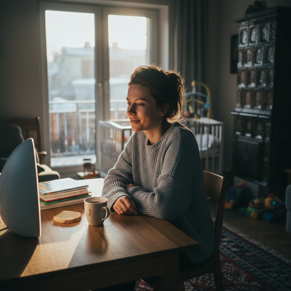 Młoda matka z Warszawy przy lampie terapeutycznej, poranek