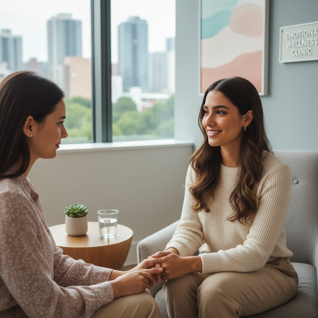 Młoda matka konsultuje się z psychologiem w nowoczesnej placówce, nacisk na wsparcie emocjonalne