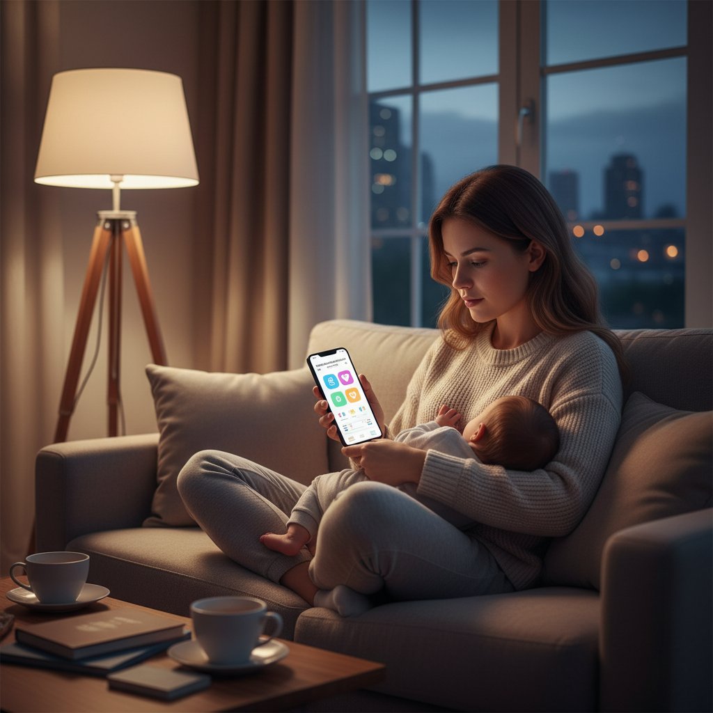 Młoda matka korzystająca z aplikacji medycznej na smartfonie, wieczorem, domowa atmosfera