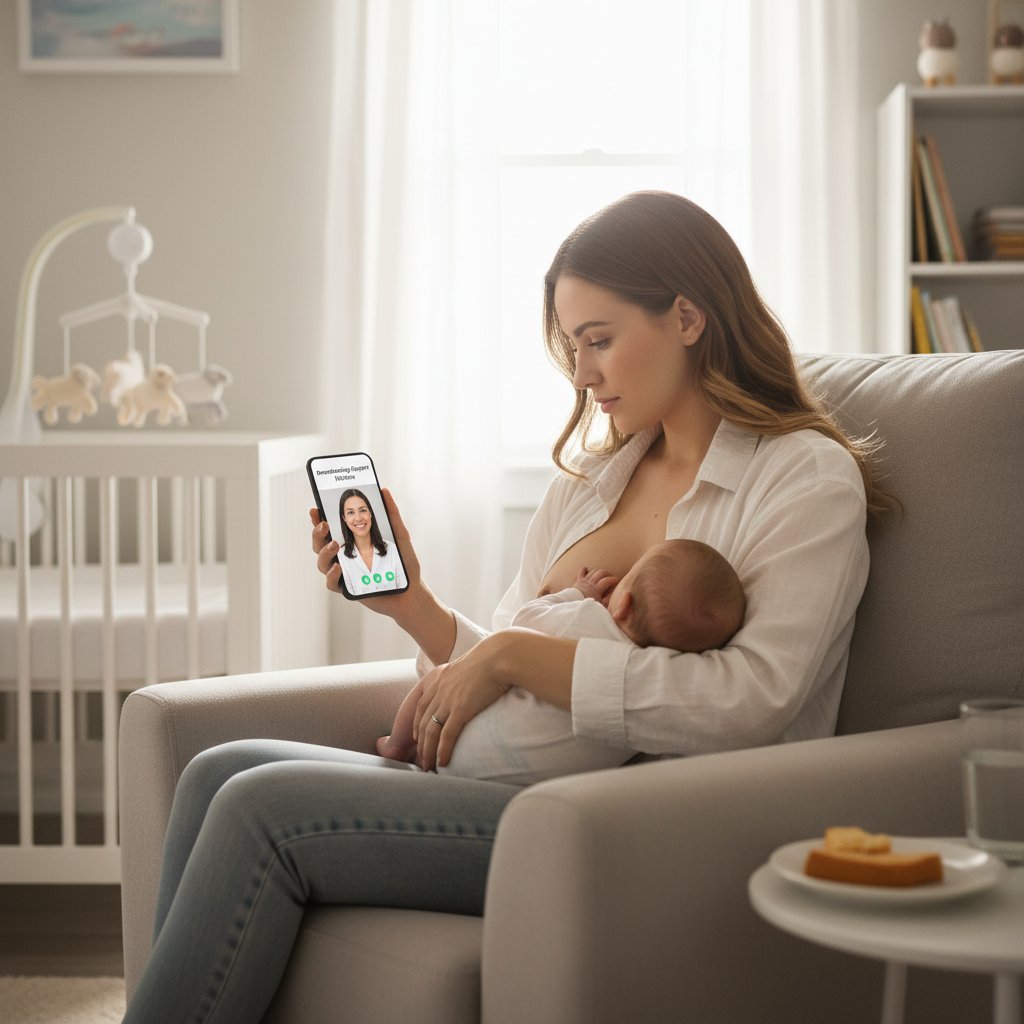 Kobieta z telefonem szukająca wsparcia laktacyjnego online
