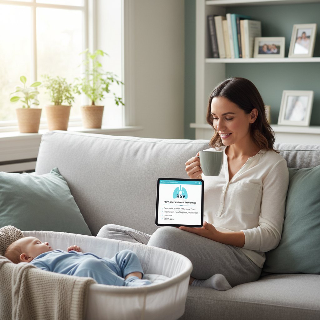 Młoda mama korzystająca z aplikacji zdrowotnej w domu, szukająca informacji o RSV
