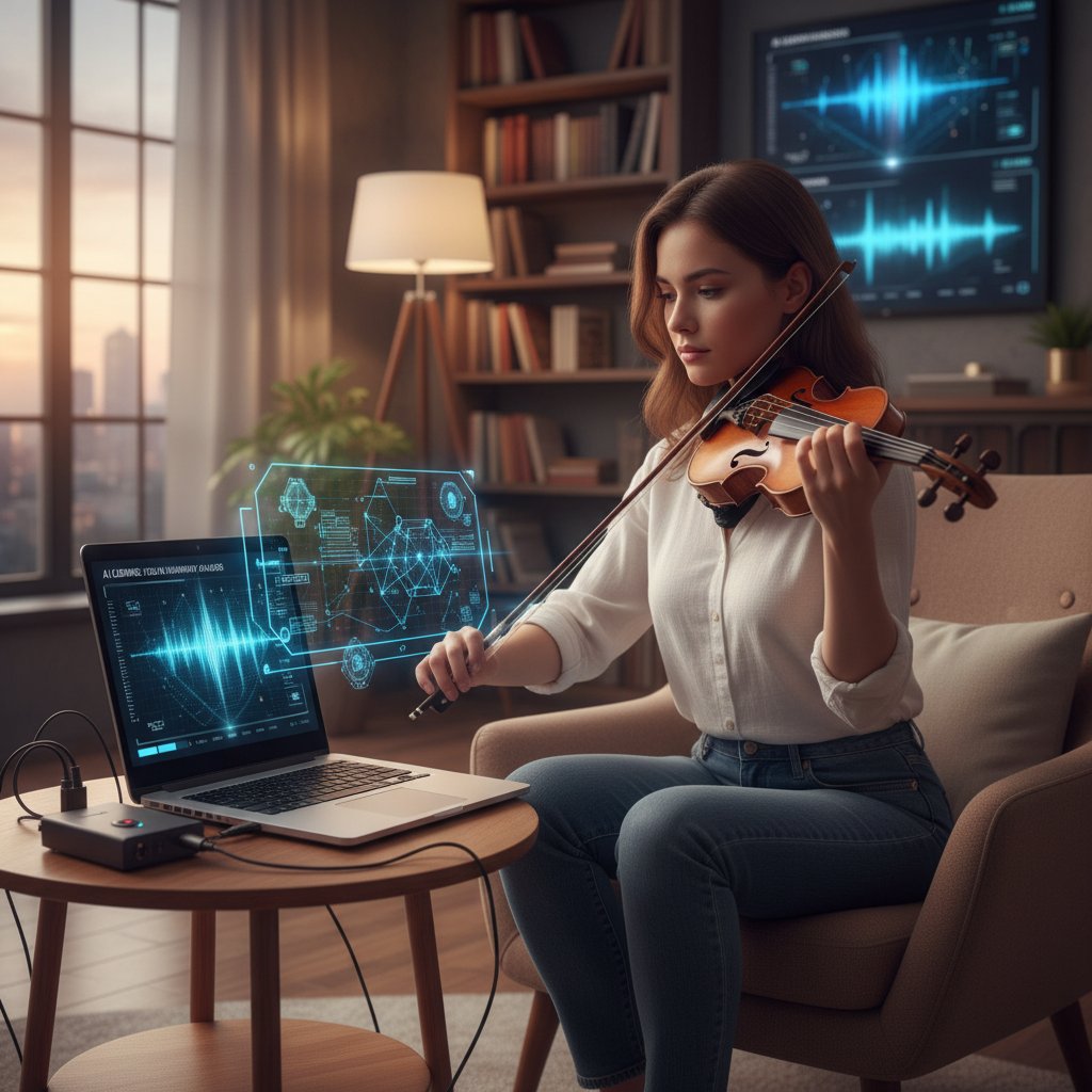 Zdjęcie młodego muzyka korzystającego z aplikacji AI do nauki skrzypiec w domu, laptop i instrument w zasięgu wzroku