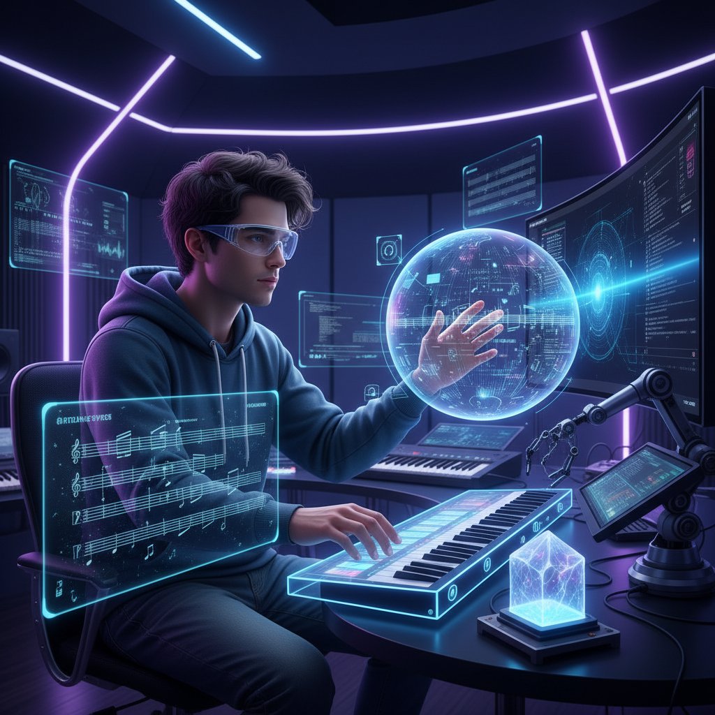 Młody muzyk komponujący z pomocą AI w nowoczesnym studio