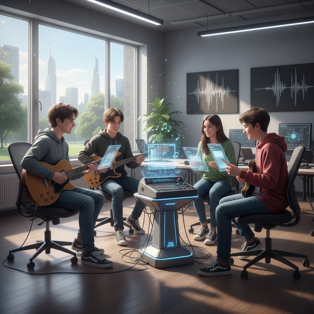 Młodzi muzycy pracujący wspólnie nad nutami online w klasie