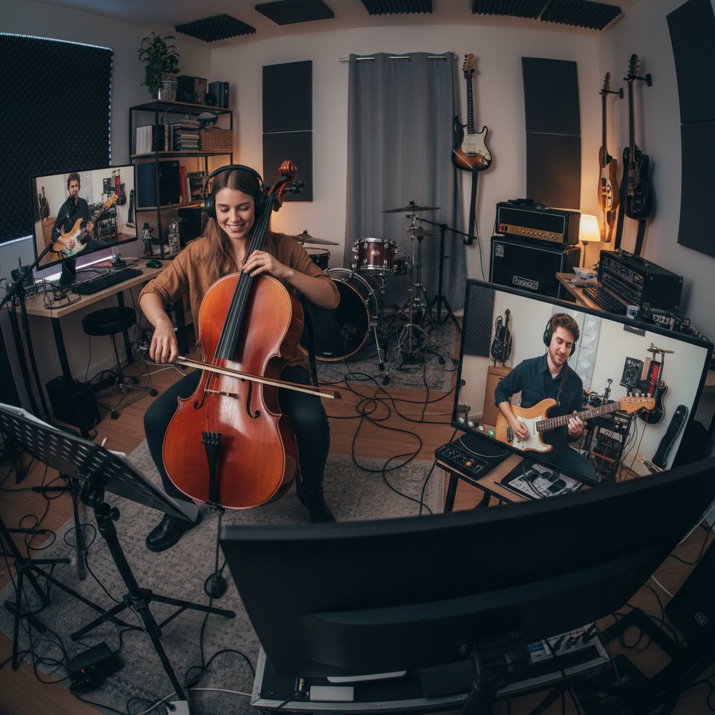 Grupa młodych ludzi z instrumentami podczas wideokonferencji, widoczne ekrany, wiolonczele i domowe studio