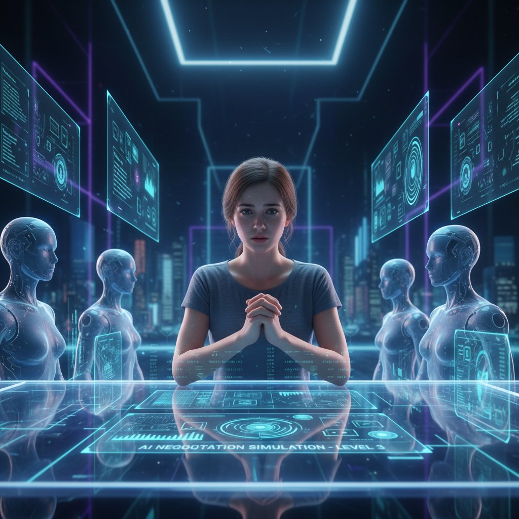 Młody negocjator z niepokojem patrzy na ekran z symulacją AI podczas ćwiczeń