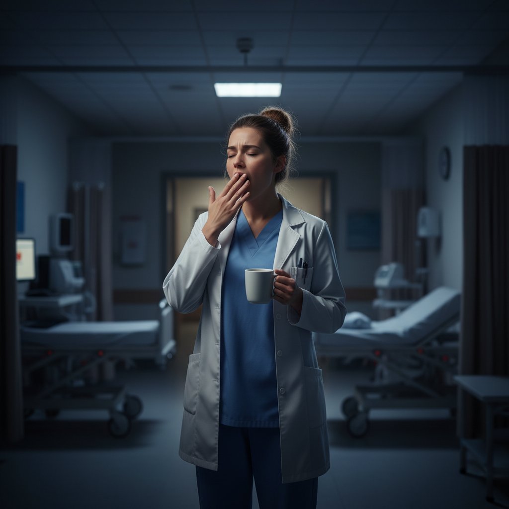 Pielęgniarka na nocnym dyżurze walcząca z sennością, siedzi przy aparaturze medycznej, zmęczona ale skoncentrowana