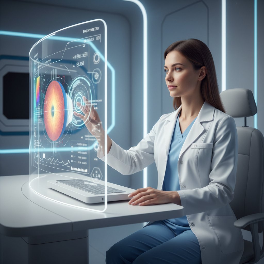 Młoda okulistka analizująca wyniki pachymetrii na ekranie komputera z interfejsem AI