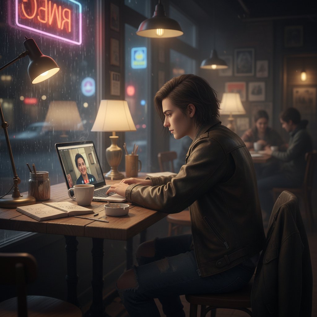 Młody outsider z laptopem nocą w kawiarni, pogrążony w rozmowie online