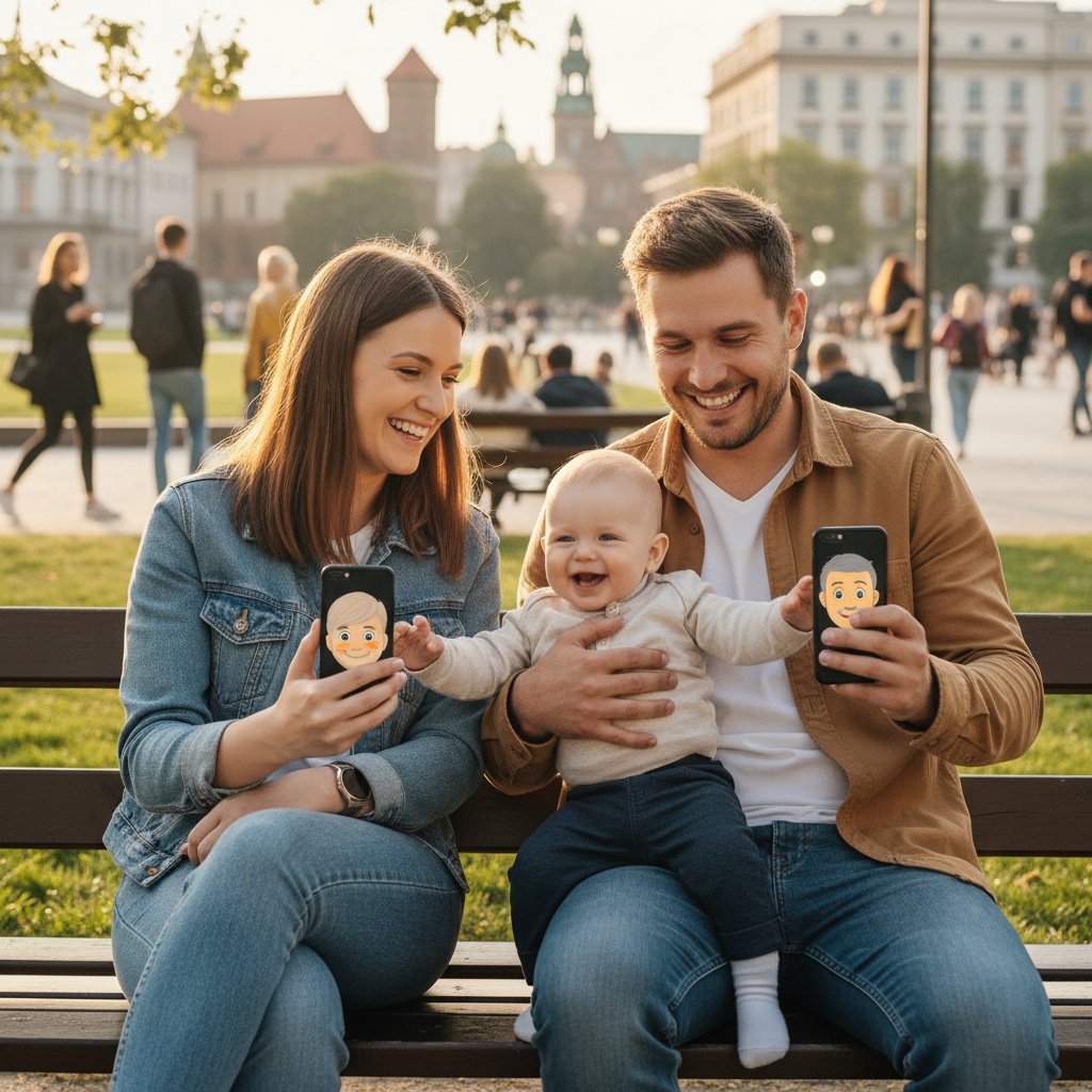 Zdjęcie młodej pary z dzieckiem, oboje z telefonami, uśmiechnięci, Polska