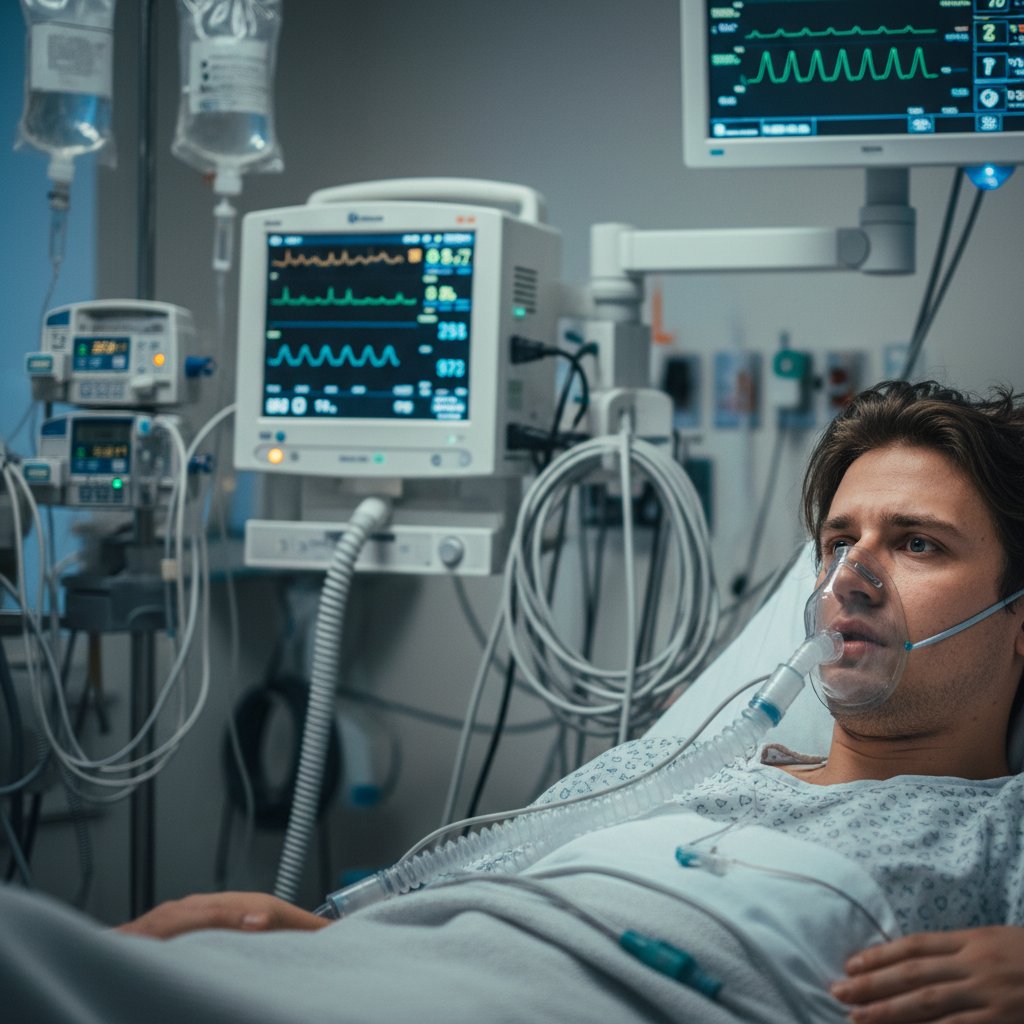 Młody pacjent pod kroplówką na oddziale intensywnej terapii, wyraz twarzy pełen niepokoju, elementy szpitala na pierwszym planie